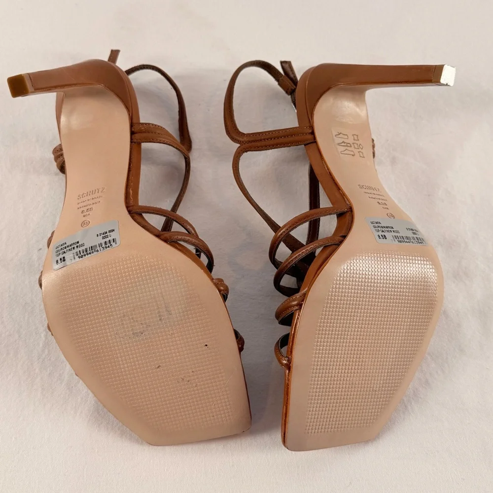 SCHUTZ  Octavia Calf Leather Square Toe Heeled Sandal in Brown Size‎ 8.5